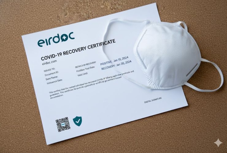 COVID Recovery Certificate on the table and also mask is on the certificate