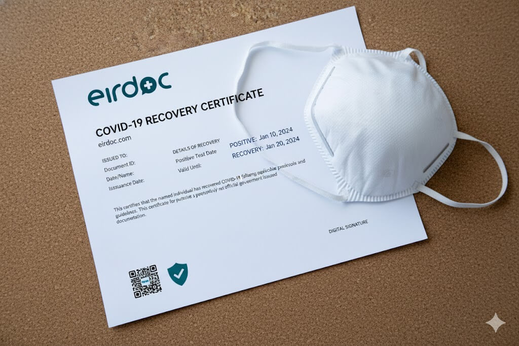 COVID Recovery Certificate on the table and also mask is on the certificate