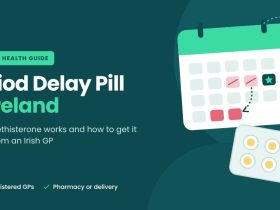Period delay pill tablets and a calendar showing a delayed period